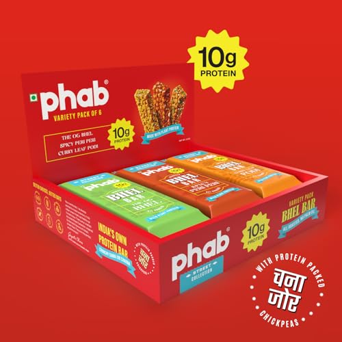 Image of PHAB Bhel Protein Bar - Assorted Protein bar with Pack of 3 Flavours | OG Bhel, Peri Peri, Podi Curry Leaf | Savoury Roasted Snack Bars | 10g Protein Each, <150 Cal, Gluten-Free, No Palm Oil | (Pack of 6x35g)