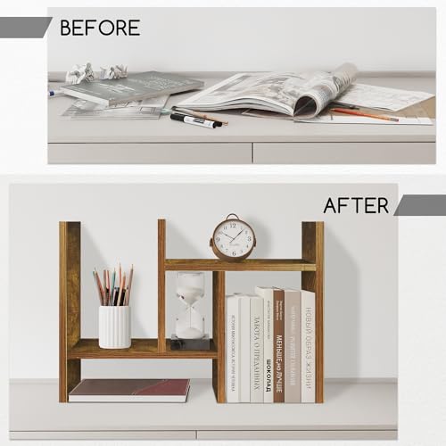 Image of Jerry & Maggie Desktop Organizer Office Storage Rack Adjustable Wood Display Shelf Free Style Double H, Multi-Functional Mini Bookshelf for Desk Natural Stand (Natural Wood Tone /2 Pack)