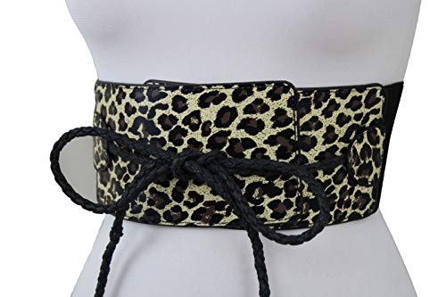TFJ Women Fashion Wide Elastic Corset Belt Black Leopard High Waist Animal Print Tie S M3