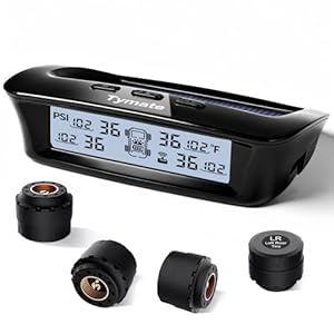 Tymate RV Tire Pressure Monitoring System – M12-3 Tire Pressure Monitor System (0-87 PSI) with Solar Charge, 5 Alarm Modes, Auto Sleep Mode, LCD Display, RV TPMS with 4 Sensors, Easy to Install