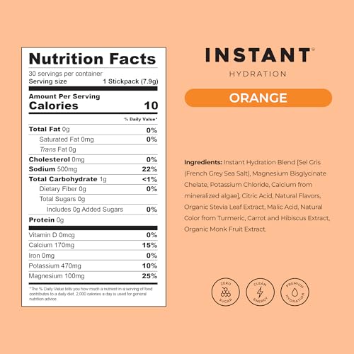 Image of Instant Hydration Electrolytes Powder Packets - Citrus Orange Drink Mix - Zero Sugar - Keto, Vegan, Gluten-Free, Non-GMO - Boost Recovery, Brain Health, Muscle & Tissue Support- 30 Sticks
