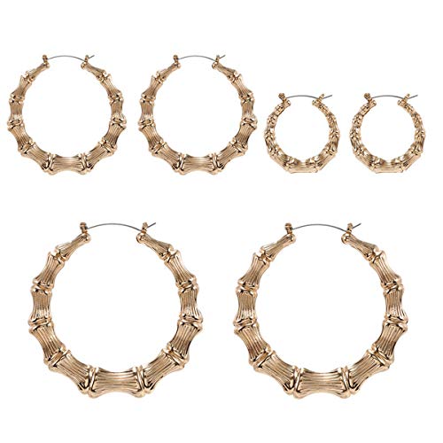 3 Pairs Gold Tone Large Bamboo Style Hoop Earrings for Women Round Circle Statement Hip-Hop Earrings