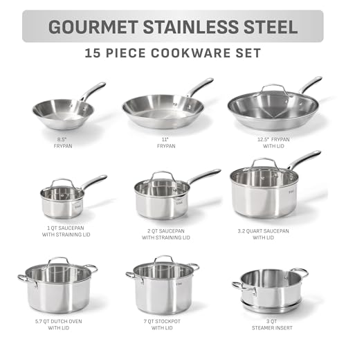Image of T-fal Gourmet 15-Piece Stainless Steel Cookware Set, Pots and Cooking Set, Dishwasher Safe, Oven Safe to 500F, Induction Compatible, Sauce, Saute, Frying Pans, Silver