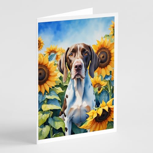 Caroline's Treasures Pointer in Sunflowers Greeting Cards Pack of 8 Blank Cards with Envelopes Whimsical A7 Size 5x7 Blank Note Cards