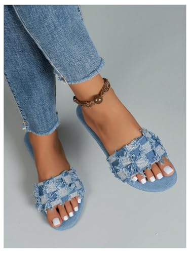 OYOANGLE Women's Plaid Denim Flat Sandals Vintage Raw Trim Open Toe Non Slip Jean Slide Sandals4