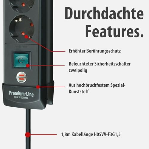 Brennenstuhl Premium-Line Steckdosenleiste 4-Fach (Mehrfachsteckdose mit Schalter und 1,8m Kabel -45° Winkel der Schutzkontakt-Steckdosen, Made in Germany) schwarz