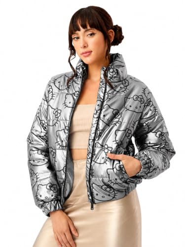 Image of The Souled Store Puffer Jackets: Hello Kitty Women and Girls Long Sleeves Stand Collar Zipper Front Grey All Over Printed Polyester Puffer Jackets