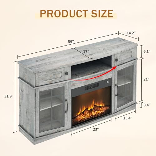 Livofloral Curved Fireplace TV Stand with LED Light for TVs Up to 65\", Entertainment Center with 23\" Electric Fireplace, TV Stand with Glass Door Storage Cabinets & Open Shelves for Living Room, Gray