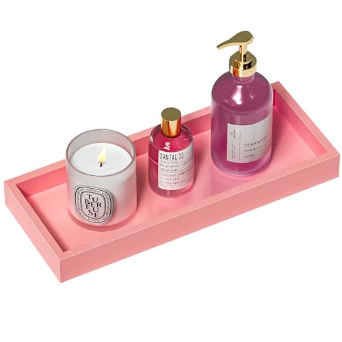 Image of ZHWS Bathroom Vanity Tray for Perfume Decor Toilet Tank Candle Toiletries, Kitchen Tray for Soap Dispenser Spice Salt Coffee, Bamboo Nightstand Tray 11.3 inchx4.4 inch (Pink)
