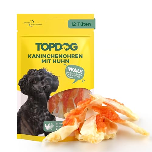Topdog Kaninchenohren für Hunde 12 x 70g - Ohne Fell - Getrocknete Hasenohren mit Hühnchenfilet - 100% natürlich ohne Zusatzstoffe und fettarm - Idealer Kausnack mit intensivem Geschmack