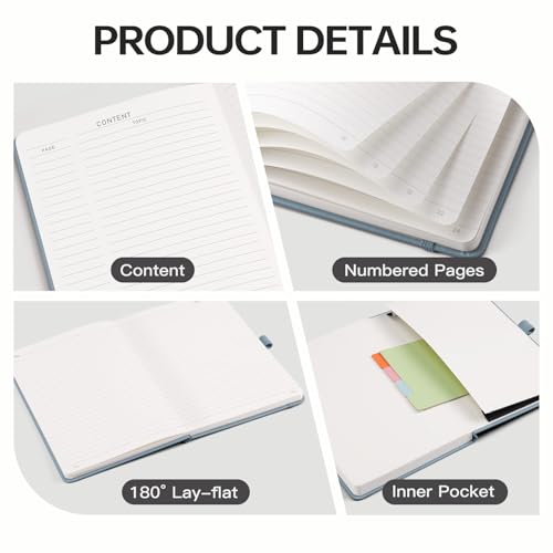 Image of EMSHOI Lined Journal Notebook, 192 Numbered Pages, A5 Size (5.7'' x 8.3'') | Leather Hardcover, 100 GSM Thick Paper, for Women & Men, Journaling, Writing, Work & Office, Sun Debossed (Gray Blue)
