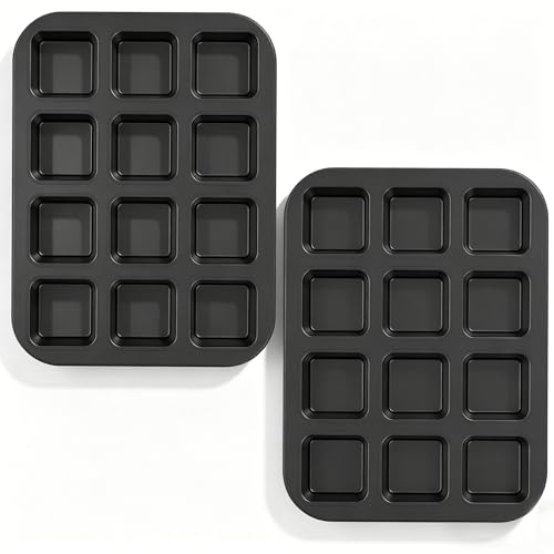 Panumly 2 Pack Brownie Pan 12-Cavity Non-Stick Square Muffin Tin with Dividers Carbon Steel All Edges Mini Brownie Cupcake Pan Tray Heavy-Duty & Non Toxic Rust Resistant & Easy Clean