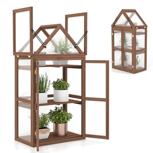 RELAX4LIFE 3 Etagen Hochbeet, Gewächshaus mit 3 Ablagen, Frühbeet aus Tannenholz & Polycarbonat, Pflanzenhaus für Garten Balkon Terrasse, 70,5 x 41 x 133,5 cm