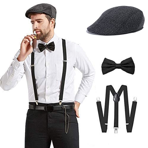 Black Suspender and Bow Tie Set with Flat cap for Men