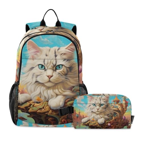 Backpack Lunch Bag Set for Travel Hiking Picnic, Castle Cat Print Backpacks with Insulated Lunch Box