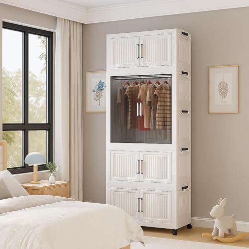 Image of YASONIC Plastic Wardrobe for Kids Clothes - Standing Desk Premium Comfort Foldable Wardrobes for Clothes, Cupboard for Storage Large for Men and Women (Off White, 4 Door)