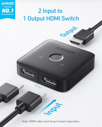 Image of Anker HDMI Switch, 4K@60Hz HDMI Switcher, 2 in 1 Out with Smooth Finish, Supports HDR, 3D, Dolby, Compatible with Laptops, PC, Xbox Series, PS5 / PS4, Projector, and More