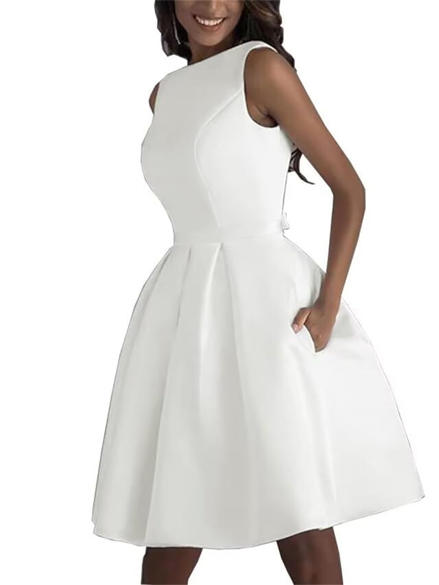 Sayno Women's Ivory A Line Satin Cocktail Dress Boat Neck Sleeveless Homecoming Dresses With Bow Uk10