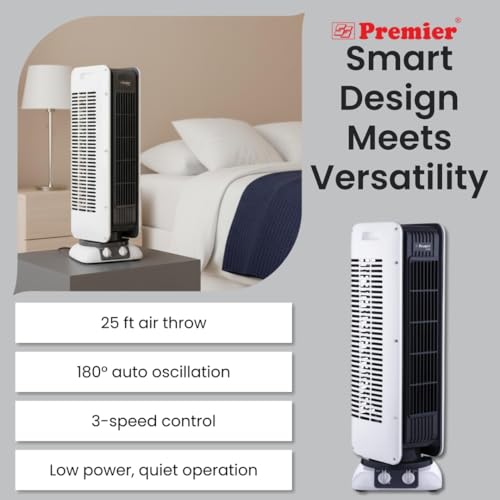 Image of PREMIER Tower Fan with Auto Swing | 25ft Air Throw | 180 Oscillation | 3-Speed Control | Low Power & Quiet Operation | Ideal for Home, Bedroom & Office | 1 Yr Warranty | White (TF4533)
