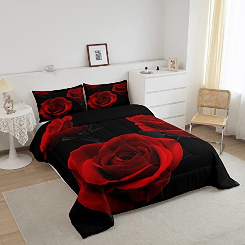 Image of Feelyou Red Roses Bedding Set Luxury Rose Floral Comforter Set for Girls Women Couple Lover Romantic Flowers Comforter Valentine's Day Duvet Set Red Black Bedroom Decor Quilt Set 3Pcs Queen Size