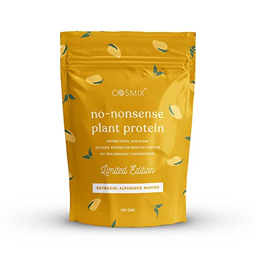 Image of Cosmix No Nonsense Plant Protein | Brown Rice & Pea Isolate | Easy Digestion | 24g Protein /serving | Gluten & Lactose Free Ratnagiri Mango, 500 g (Pack of 1)