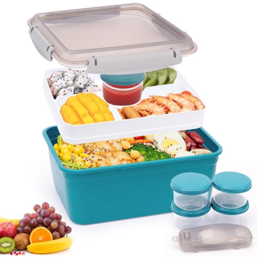 Gohytal Bento Lunch Box, Salad Lunch Container with 5 Compartment Tray, Salad Bowl/w Dressing Container, Large 1900ml Lunch Box, Meal Prep to Go Containers for Food Fruit Snack for Adult Kid - Green