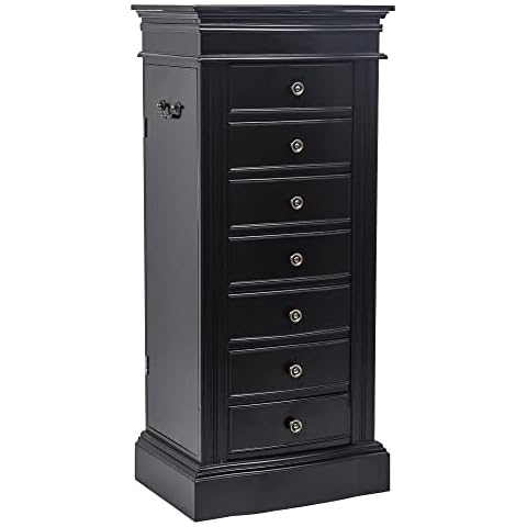 WEI WEI GLOBAL Jewelry Armoire Cabinet with Flip Top Mirror and Compartments - Large Standing Jewelry Chest - Wooden Jewelry Storage Box Organizer - Black Cover