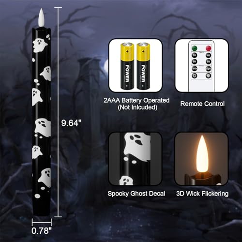 Image of Eldnacele Halloween Ghost Flameless Taper Candles Battery Operated with Remote Timer, Set of 4 Black Real Wax 3D Wick LED Flickering Candle Spooky Halloween Indoor Decor(0.78 inch D x 9.64 inch H)