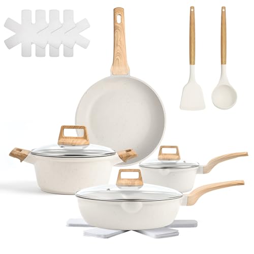Image of 13 pcs Pots and Pans Set, Nonstick Cookware Sets, White granite Induction Cookware Non Stick Cooking Set Frying Pans & Saucepans PFOS, PFOA Free (13 PCS)