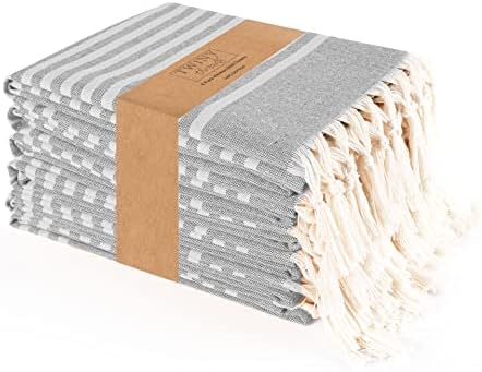 TWINY threads Set of 6 100% Cotton Turkish Kitchen Towels with Hanging Loop & Tassels (18" X 28") | Ultra Washcloth with Fringes | Reusable Hand Towels - Grey