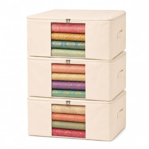 Image of TAKIVA Cotton Canvas Saree Storage Bags Pack of 3 | Large Cotton Storage Bag for Clothes, Sarees & Blankets | Big Size Wardrobe Organizer with Zipper | Reusable Soft Canvas Storage Box