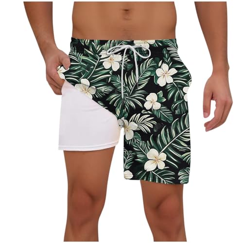 Trendy 2 in 1 Mens Swim Trunks Bathing Suit Swimming Stretch Drawstring Board Beach Shorts with Compression Liner