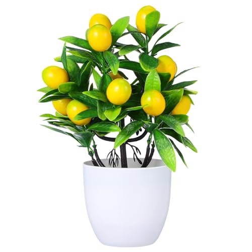 Cabilock Miniature Artificial Lemon Tree Small Fake Potted Bonsai Plant for Home and Office Decor Realistic Faux Plant Ornament for Desktop Adornment and Interior Decoration