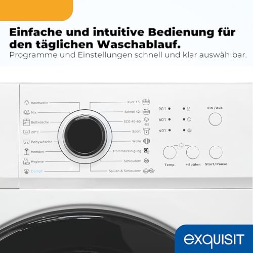 Exquisit Waschmaschine | 6 kg Nennkapazität, 1000 U/Min, Energieklasse A, 76 dB(A), 85 x 60 x 44 cm | 16 Programme, Eco 40-60, Kurzprogramm, manuelle Temperaturwahl, Aquastop | WA56110-020A weiss