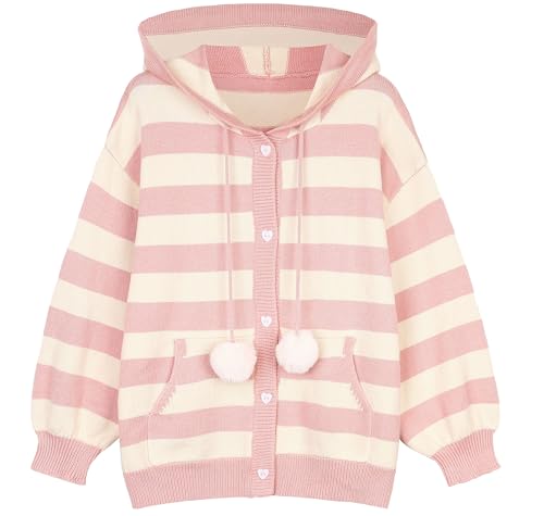 Women Kawaii Sweater Striped Hooded Cardigan with Pom Poms