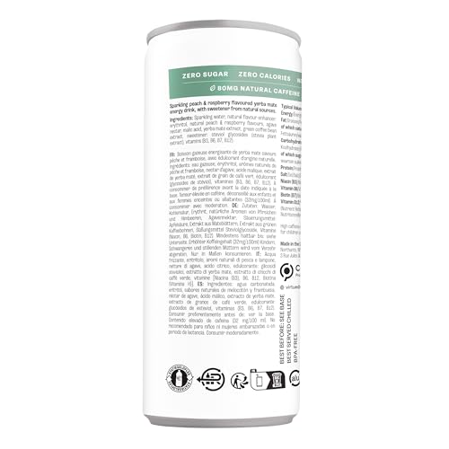 Virtue Yerba Mate Energy Drink | Natürlich, Zuckerfrei & Ohne Kalorien | Vegan, Ketogen, Glutenfrei, Vitamin B | 12x250ml (Pfirsich & Himbeere)