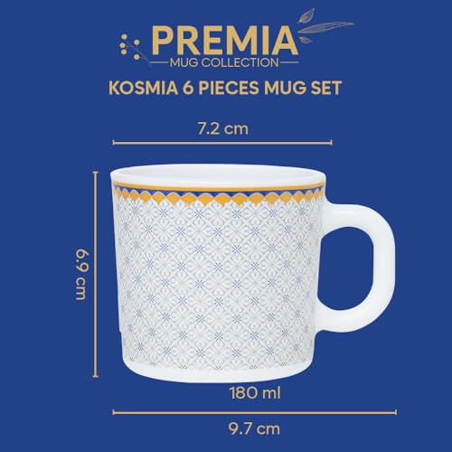 Image of Larah by BOROSIL 180ml x 6pc Opalware Kosmia Tea /Coffee Mug Set, Microwave & Dishwasher Safe Embossed Design Crockery Set Ideal for Daily Use & Gifting
