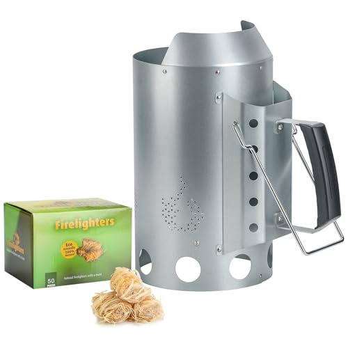 Onlyfire Grande Accenditore a Ciminiera con 50 Accendifuoco Ecologico, Ciminiera di Accensione con Maniglia di Sicurezza Isolata Termicamente, Accenditore Rapido per Barbecue a Carbonella
