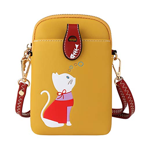 Small Crossbody Bag for Women Leather Lightweight Cute Cat Cell Phone Purse with Crossbody Strap Yellow