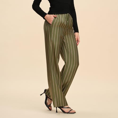 100% Silk Striped Pants for Women Business Casual Flowy Trousers Summer Spring Comfy Office Work Straight Leg Pants3