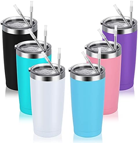 6 Pack 20 oz Travel Tumbler, Stainless Steel Insulated Tumbler with Straws, Thermal Cup with Splash Proof Sliding Lid, Powder Coated Travel Coffee Mug, Double Wall Vacuum Travel Mugs, 6 Mix color