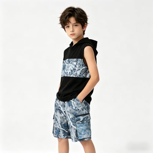 Image of Size 6-12 Years Boys Summer Clothes Hooded Sleeveless Tank Tops Workout Shorts 2 Piece Set Fashion Outfits