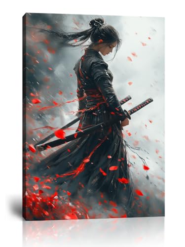 Japanese Samurai Wall Art Samurai Posters Flowers Canvas Beautiful Girl Prints Painting for Bedroom Living Room Office Game Room Framed Ready to Hang(12"L x 16"W)