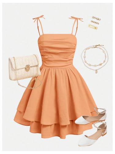 Image of SHENHE Girl's Smocked Ruched A Line Swing Dress Layered Tie Shoulder Flowy Cami Short Dress