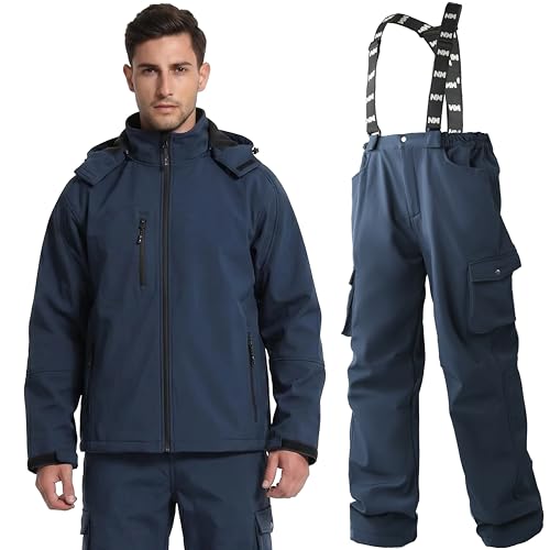 NAVIS MARINE Mens Work Suit Insulated Softshell Jacket & Bib Pants Set - Breathable Water-Resistant Coat with 4-Way Stretch (Deep Navy Medium)