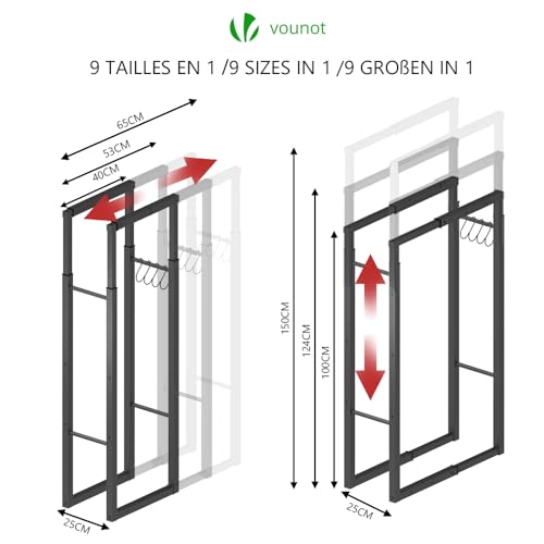 VOUNOT Verstellbare Kaminholzregal Metall, 9 Größen Einstellbar, Brennholzregal Feuerholzregal mit 4 Haken, Innen und Aussen, Schwarz