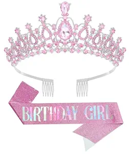 Birthday Tiara and Crown with Sash for Women, Hair Accessories for Wedding Party Costume (B - Pink)