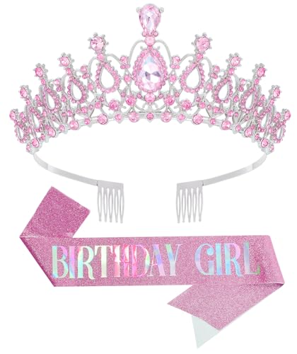 Birthday Tiara and Crown with Sash for Women, Hair Accessories for Wedding Party Costume (B - Pink)