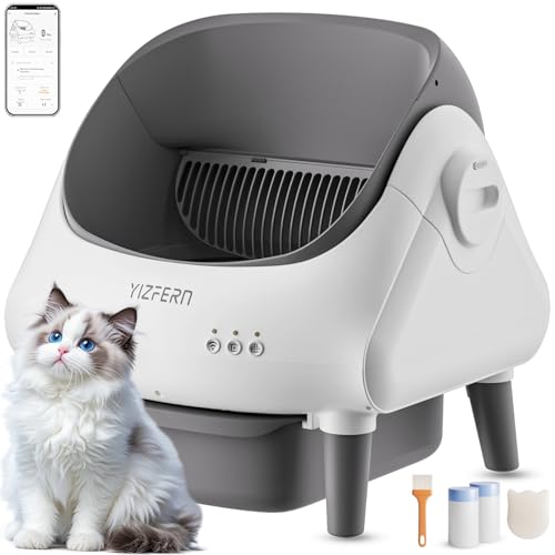 YIZFERN Self Cleaning Litter Box for Multiple Cats, Automatic Cat Litter Box with App Control, Open Top Design, Safety Protection, Ultra-Quiet, Waste Bags, Large Waste Bin & Brush (White)
