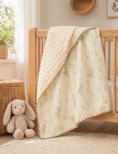 Image of Baby Blanket 40x40 Inches,Muslin Cotton and Minky Dotted Double Layer Soft Receiving Blanket for Newborn Toddler,Meadow Bunny